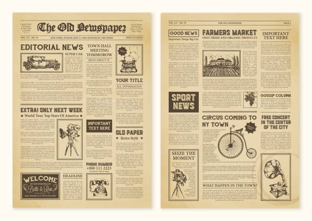 vintage newspaper design Yellowed realistic newspaper pages in vintage design with headers of different font vector illustration old paper stock illustrations