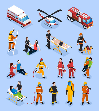Rescue teams isometric set with people in professional uniform engaged in medical healthcare and fire control vector illustration