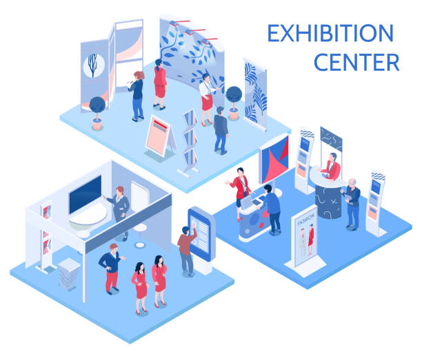 isometric expo stand show exhibition Exhibition center isometric compositions with people looking at expo stands  in gallery hall and communicating with staff vector illustration exhibition illustrations stock illustrations