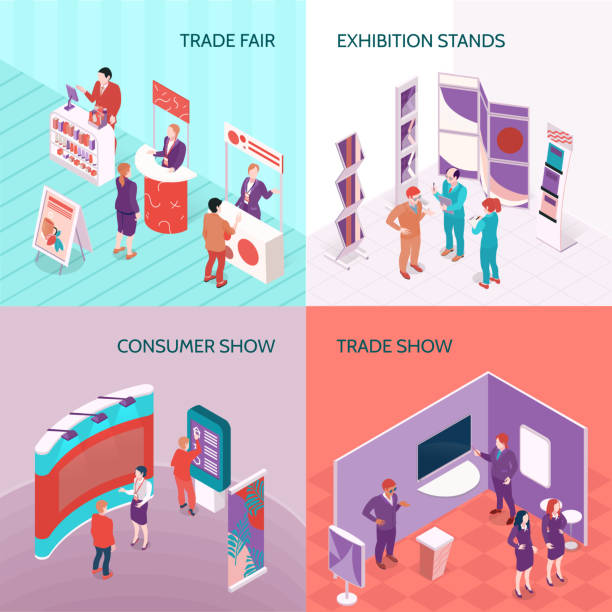 isometric expo stand design concept Exhibition stands used at trade fair and consumer show 2x2 design concept isometric vector illustration exhibition illustrations stock illustrations