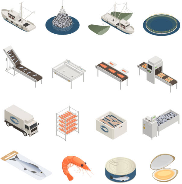 fish industry seafood production isometric icons Fish industry seafood production isometric icons with pieces of industrial equipment vessels and ready marine products vector illustration global conveyor belt stock illustrations