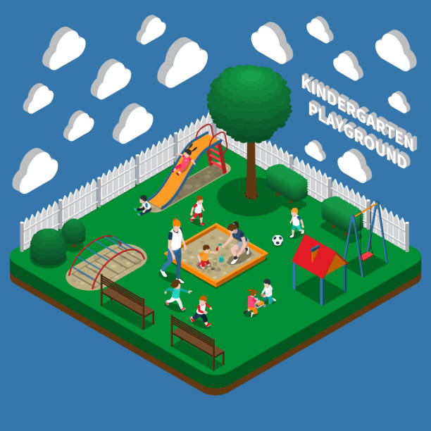 illustrazioni stock, clip art, cartoni animati e icone di tendenza di scuola materna parco giochi composizione isometrica - sliding sands