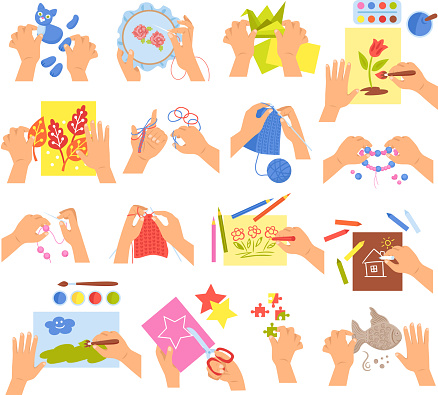 Creative kids hands knitting embroidering folding origami making homemade beads bracelet drawing coloring icons set vector illustration