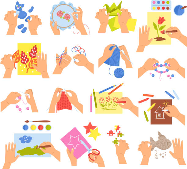 creative kids handmade set Creative kids hands knitting embroidering folding origami making homemade beads bracelet drawing coloring icons set vector illustration coloring illustrations stock illustrations