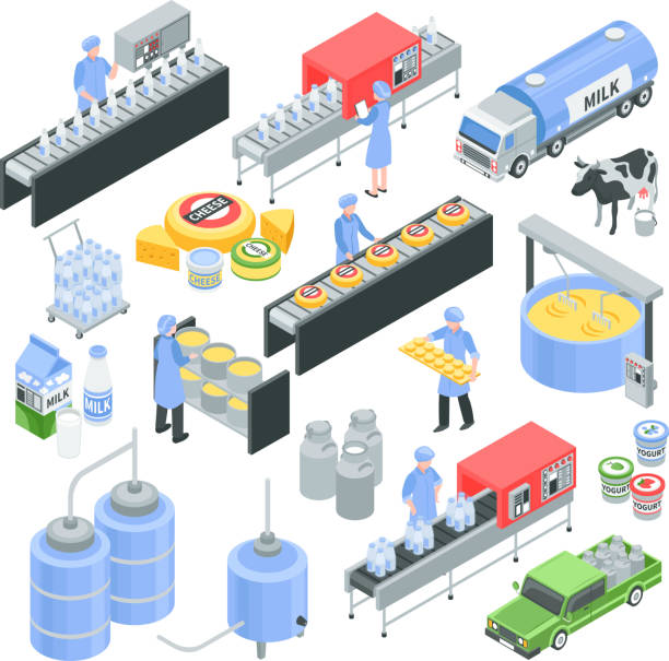 ilustrações de stock, clip art, desenhos animados e ícones de isometric milk factory production set - semi skimmed milk