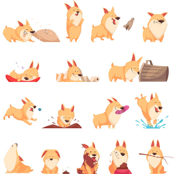 cute puppy day set Cartoon cute puppy set of different situations including sleep, eating, howl, walking and pranks isolated vector illustration animal behavior stock illustrations