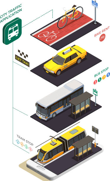 illustrations, cliparts, dessins animés et icônes de composition isométrique des transports urbains publics - bus speed transportation public utility