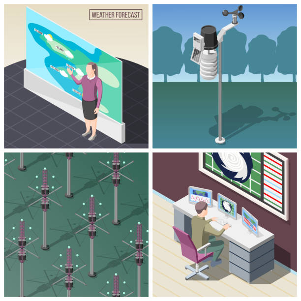 ilustrações de stock, clip art, desenhos animados e ícones de weather forecasters and meteorologists isometric 2x2 - weather meteorologist meteorology symbol