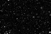 Real falling snow on a black background for use as a texture layer in a photo design.