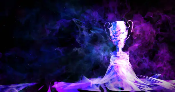 Photo of Cyberpunk trophy with smoke on dark blue futuristic background for e-sport winner concept,illustration picture,