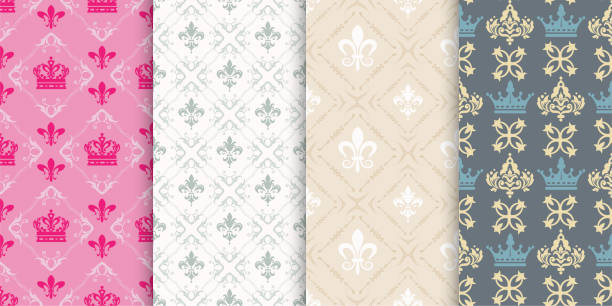 ilustrações, clipart, desenhos animados e ícones de padrões de fundo - papel de parede. conjunto de padrões de vetor sem costura em estilo vintage. 4 modelo para o seu design. imagem do vetor - baroque style wallpaper pink retro revival