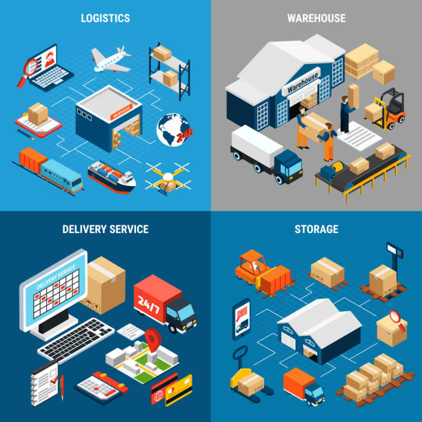 logistics isometric Logistics 2x2 isometric design concept with warehouses cargo vehicles and delivery service 3d isolated vector illustration delivering illustrations stock illustrations