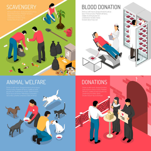 isometric volunteering charity design concept Volunteering charity concept 4 isometric icons square with scavengers team blood donation animal shelter isolated vector illustration pain management centers stock illustrations