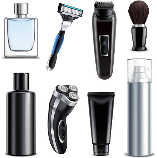 shaving equipment realistic set Shaving equipment realistic set of electric shaver manual razor flask with lotion and foam spray using after shave isolated vector illustration safety razor stock illustrations