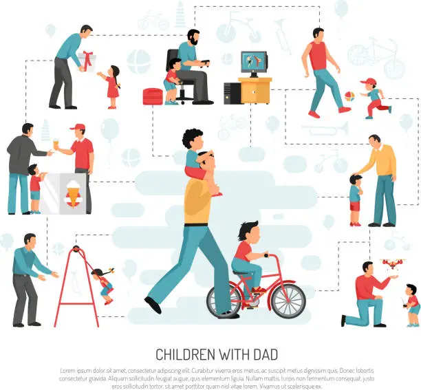 Vector illustration of children with dad