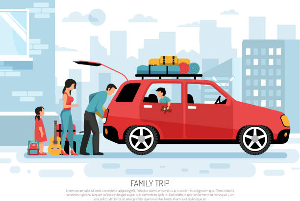 people travel car transport illustration Young family with kids packing car for vacation road trip flat transportation  poster cityscape background vector illustration family trips and holidays stock illustrations