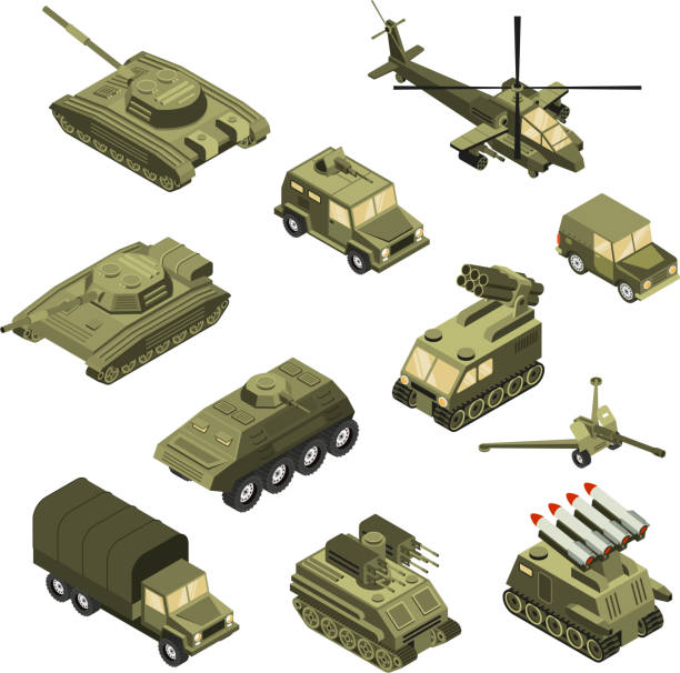 isometric military vehicles set Military armored transportation cargo personnel carrier fighting land vehicles and helicopter isometric icons collection isolated vector illustration infantry stock illustrations