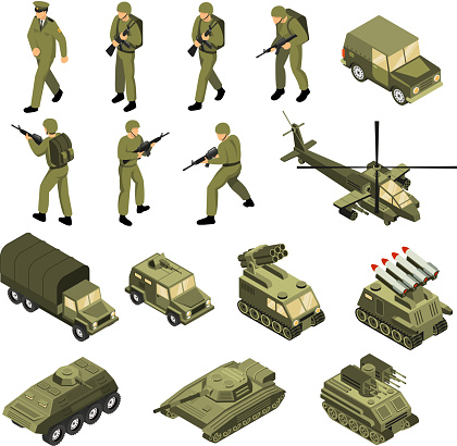 Military vehicles soldiers commanders set of isolated tactical transport units and fighting entities with human characters vector illustration