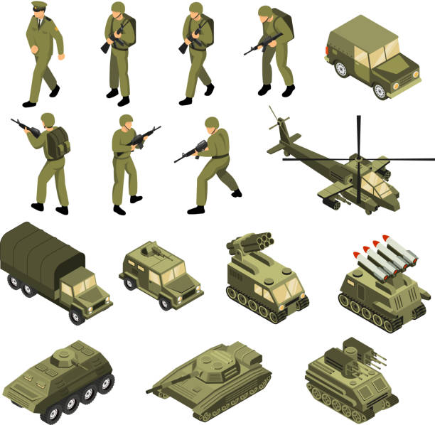 military vehicles soldiers commanders set Military vehicles soldiers commanders set of isolated tactical transport units and fighting entities with human characters vector illustration military illustrations stock illustrations