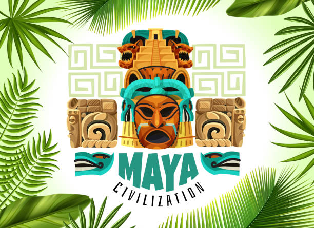 maya civilization horizontal poster Maya civilization horizontal poster with mayan mask and fragments of ancient calendar cartoon vector illustration inca stock illustrations