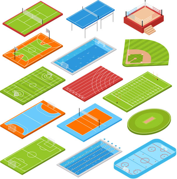 ilustraciones, imágenes clip art, dibujos animados e iconos de stock de campos deportivos isométricos establecidos - tennis court tennis net indoors