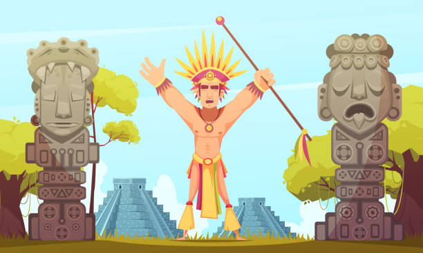 maya illustration Maya man performing ritual on background with teotihuacan pyramids cartoon vector illustration ancient civilization stock illustrations