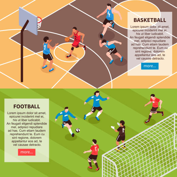 isometric sport fields banners Basketball court and football field 2 horizontal isometric web site banners with sports descriptions isolated vector illustration midfielder stock illustrations