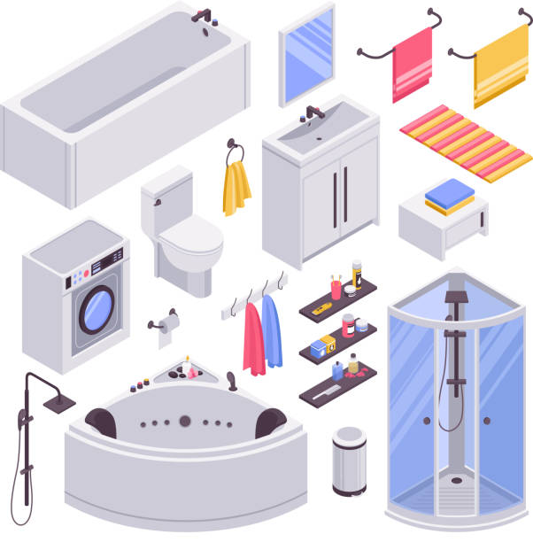 isometric bathroom set Bathroom units furniture accessories isometric set with bathtubs shower cabins cubicles towel holder sink isolated vector illustration bathroom clipart stock illustrations