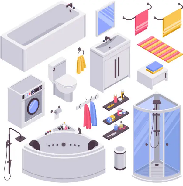 Vector illustration of isometric bathroom set