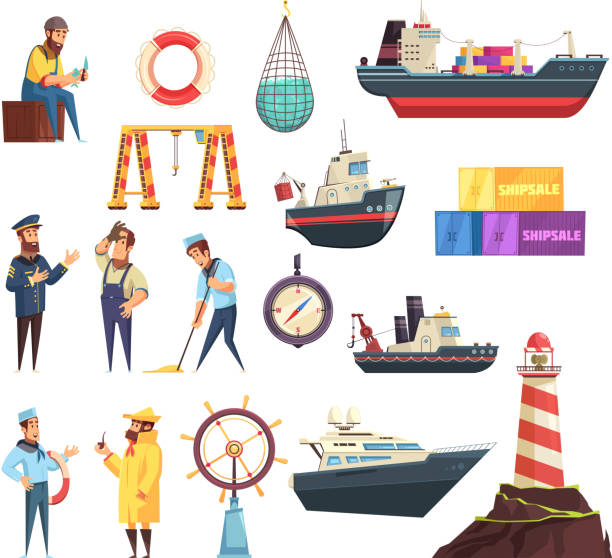 ilustrações, clipart, desenhos animados e ícones de marinheiro marinheiro mar conjunto náutico - fishing industry fishing nautical vessel buoy