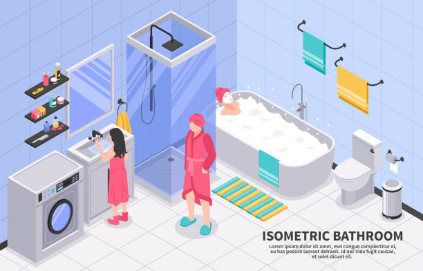 ilustrações de stock, clip art, desenhos animados e ícones de isometric bathroom - machine teeth