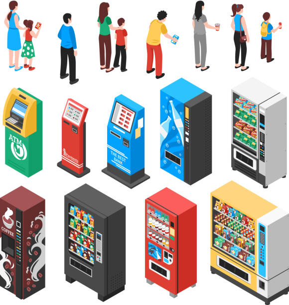 illustrations, cliparts, dessins animés et icônes de ensemble de distributeurs automatiques isométriques - distributeur automatique