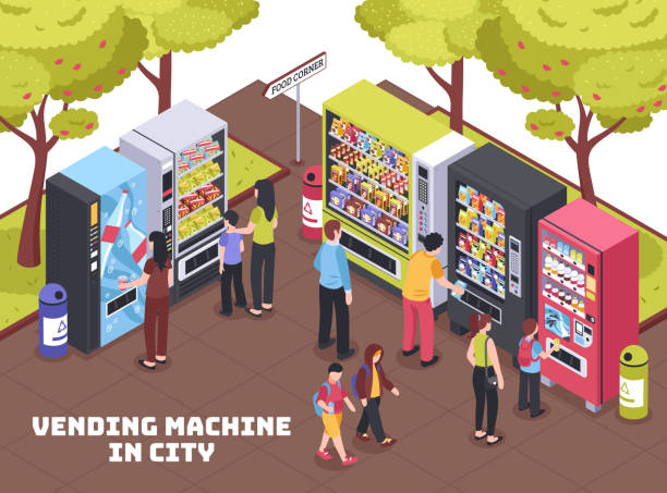 아이소메트릭 자동 판매기 제품 일러스트 - vending machine machine soda selling stock illustrations