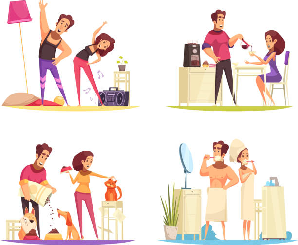wake up morning design concept Cartoon 2x2 design concept with couple cleaning teeth having breakfast feeding pets and training in morning isolated vector illustration animals feeding stock illustrations