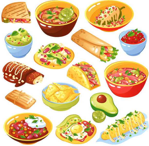 mexican traditional food set Traditional mexican food dishes collection with tacos quesadilla tortilla chips avocado salsa isolated white background vector illustration guacamole restaurant mexican cuisine avocado stock illustrations
