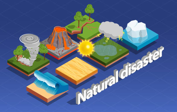 illustrazioni stock, clip art, cartoni animati e icone di tendenza di composizione isometrica disastro naturale - natural disaster weather symbol volcano