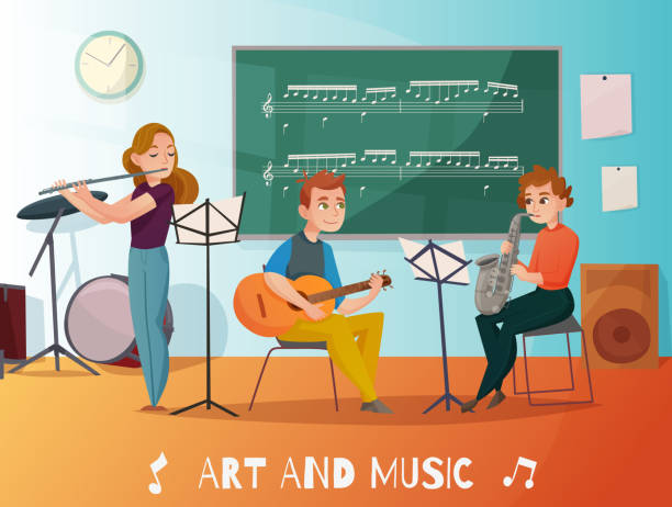 school students illustration 2 Music lesson in school, students playing saxophone, guitar and flute, chalk board  with notes cartoon vector illustration music class stock illustrations