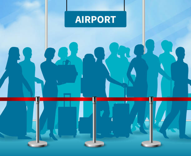 tymczasowa bariera ogrodzenia ludzie lotnisko - vector time accident iron stock illustrations