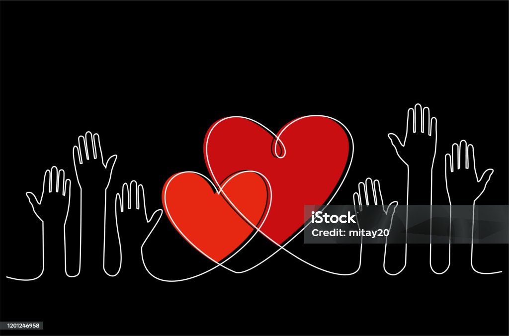 Hands and hearts. Raised hands volunteering concept continuous one line drawing minimalism design. Continuous Line Drawing stock illustration