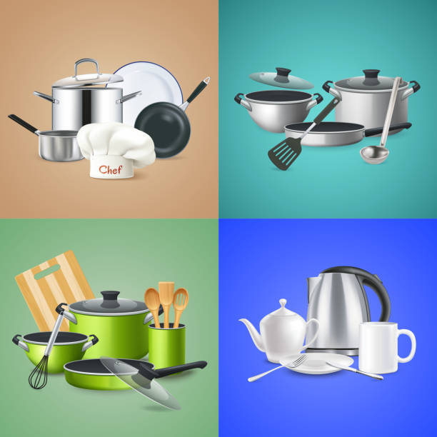 kitchen tools Realistic kitchen tools design concept cookware of chef green culinary set kettle with crockery isolated vector illustration electric whisk stock illustrations