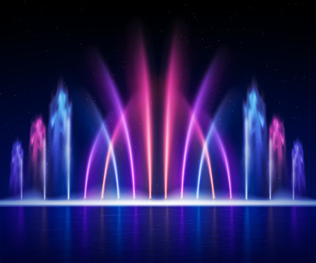 Large multi colored decorative dancing water jet led light fountain show at night realistic image vector illustration