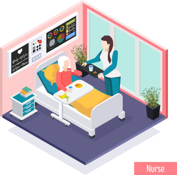 nursing home elderly people isometric composition Elderly people nursing home assisted living facility isometric composition with personnel providing care for residents vector illustration hospital ward stock illustrations