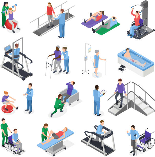 ilustrações, clipart, desenhos animados e ícones de conjunto de fisioterapia de reabilitação isométrica - physical therapy