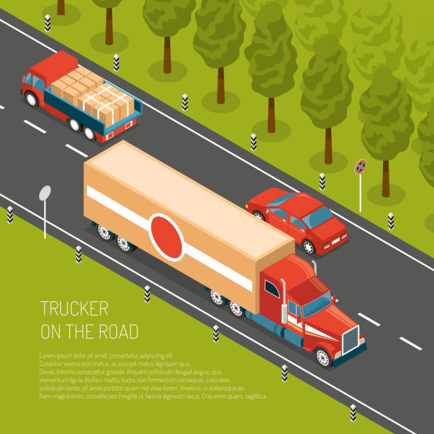 illustrations, cliparts, dessins animés et icônes de illustration isométrique de camions de livraison - isometric truck traffic semi truck