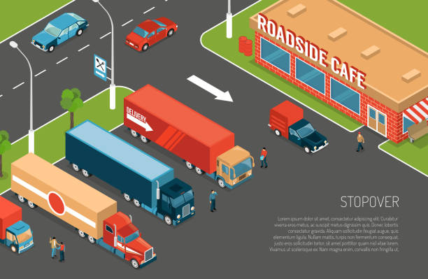 isometric delivery Delivery trucks stopover on parking zone near roadside cafe 3d isometric vector illustration stopover stock illustrations