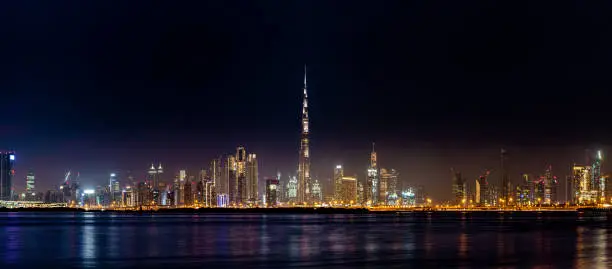 Photo of Dubai, UAE panoramic view of the cityscape at night with lights overlooking the Burj Khalifa