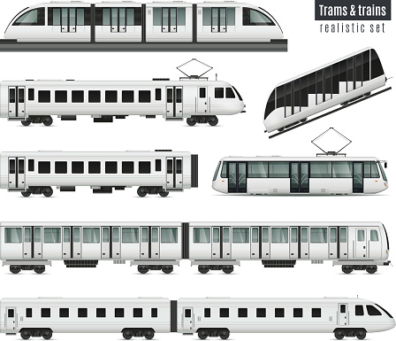 Passenger tram train realistic set with isolated images of public transport railroad cars and electric trams vector illustration