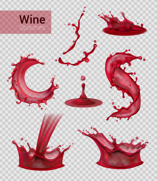 wine splash realistic Wine splash realistic set of isolated sprays of liquid red wine with drops on transparent background vector illustration wine glass knocked over stock illustrations