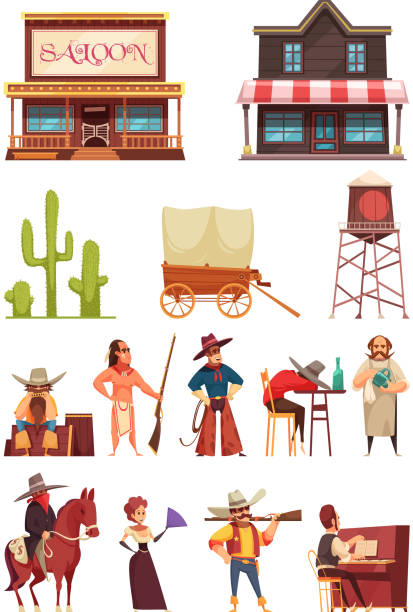 ilustrações de stock, clip art, desenhos animados e ícones de cowboy wild west set - cowboy hat wild west hat wood