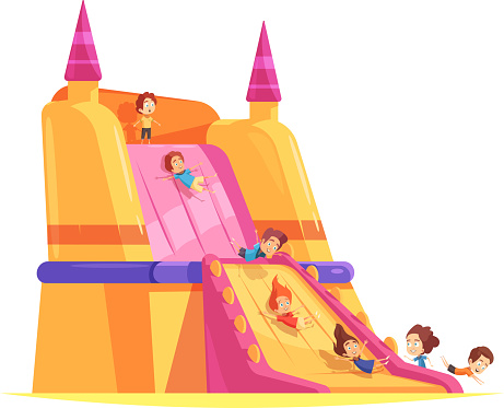 Jumping trampolines composition with images of huge flow spreading hump and cartoon human characters of kids vector illustration